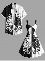 Octopus Two Tone Contrast Colorblock Print Plus Size Matching Hawaii Beach Outfit For Couples -  