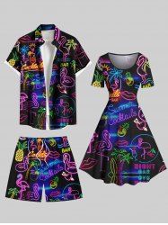Tenue de plage hawaïenne assortie grande taille à imprimé néon, motif cocotier, flamant rose, jus de soleil, pour couples - Noir 