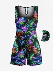 Plus Size Tropical Leaf Flowers Print Cinched Hawaii Romper -  