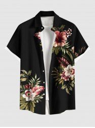 Plus Size Tropical Leaf Hibiscus Flowers Print Buttons Pocket Hawaii Shirt For Men -  