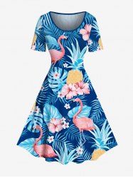 Robe hawaïenne vintage grande taille à imprimé feuilles tropicales, hibiscus, fleurs et ananas - Bleu XS