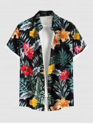 Plus Size Tropical Leaf Hibiscus Flowers Print Buttons Pocket Hawaii Shirt For Men -  