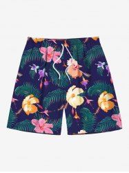 Plus Size Tropical Leaves Floral Print Hawaii Drawstring Beach Shorts For Men -  
