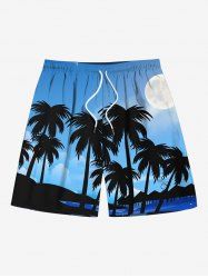Short de plage hawaïen grande taille avec cordon de serrage et imprimé cocotier, lune et ciel ombré, pour homme - Bleu 2XL