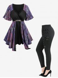 Tie Dye Ombre Jacquard Top and Straps Grommet D-Ring Heart Buckle Leggings Plus Size Outfit -  