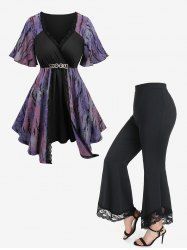 Tie Dye Ombre Jacquard Surplice Belted Top and Lace Panel High Waisted Flare Pants Plus Size Outfit -  