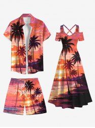 Tenue de plage hawaïenne assortie grande taille à imprimé cocotier et plage au crépuscule pour couples - Rouge 