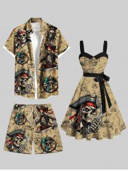 Tenue de plage hawaïenne assortie grande taille, motif crâne de pirate, gouvernail, voilier, croisière, pour couples - café 