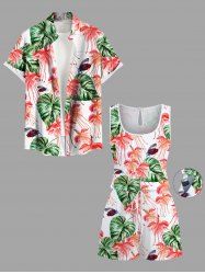 Ensemble chemise et barboteuse hawaïennes assorties, tenue de plage grande taille, imprimé feuilles tropicales, fleurs et insectes, pour couples - Blanc 