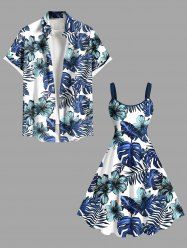 Tenue de plage hawaïenne assortie grande taille à imprimé feuilles tropicales et fleurs pour couples - Bleu 