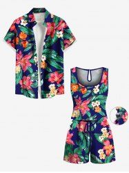 Matching Hawaii Shirt and Romper Plus Size Beach Outfit Tropical Leaf Flower Print For Couples -  