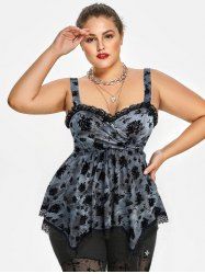 Plus Size Floral Flocking Tie Dye Lace Trim Handkerchief Crossover Tank Top -  