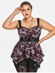 Plus Size Skull Star Flocking Tie Dye Print Mesh Lace Trim Ruched Chains Panel Tank Top -  