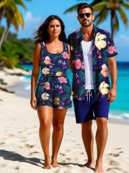 Colorful Floral Tropical Leaves Print Plus Size Matching Hawaii Beach Outfit For Couples -  