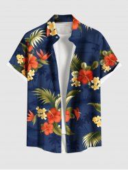 Plus Size Tropical Leaves Floral Print Hawaii Button Pocket Shirt For Men -  