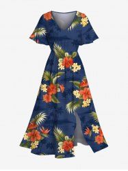 Plus Size Tropical Leaf Flower Print Hawaii Split Pocket A Line Midi Dress -  