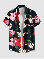 Plus Size Colorful Floral Leaves Print Hawaii Button Pocket Shirt For Men -  