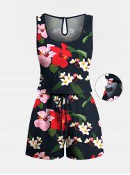 Plus Size Colorful Floral Leaves Print Hawaii Drawstring Pocket Romper -  