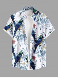 Plus Size Tropical Leaves Floral Parrot Print Hawaii Button Pocket Shirt For Men -  