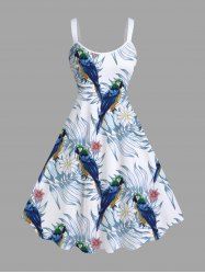Plus Size Tropical Leaves Floral Parrot Print Hawaii A Line Tank Dress -  
