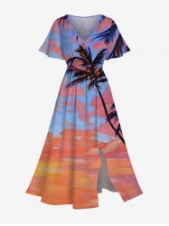 Plus Size Coconut Tree Cloud Dusk Print Hawaii Split Pocket A Line Midi Dress -  