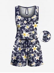 Plus Size Tropical Leaf Flowers Print Cinched Hawaii Romper -  