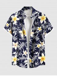 Plus Size Tropical Leaf Flowers Print Buttons Pocket Hawaii Shirt For Men -  