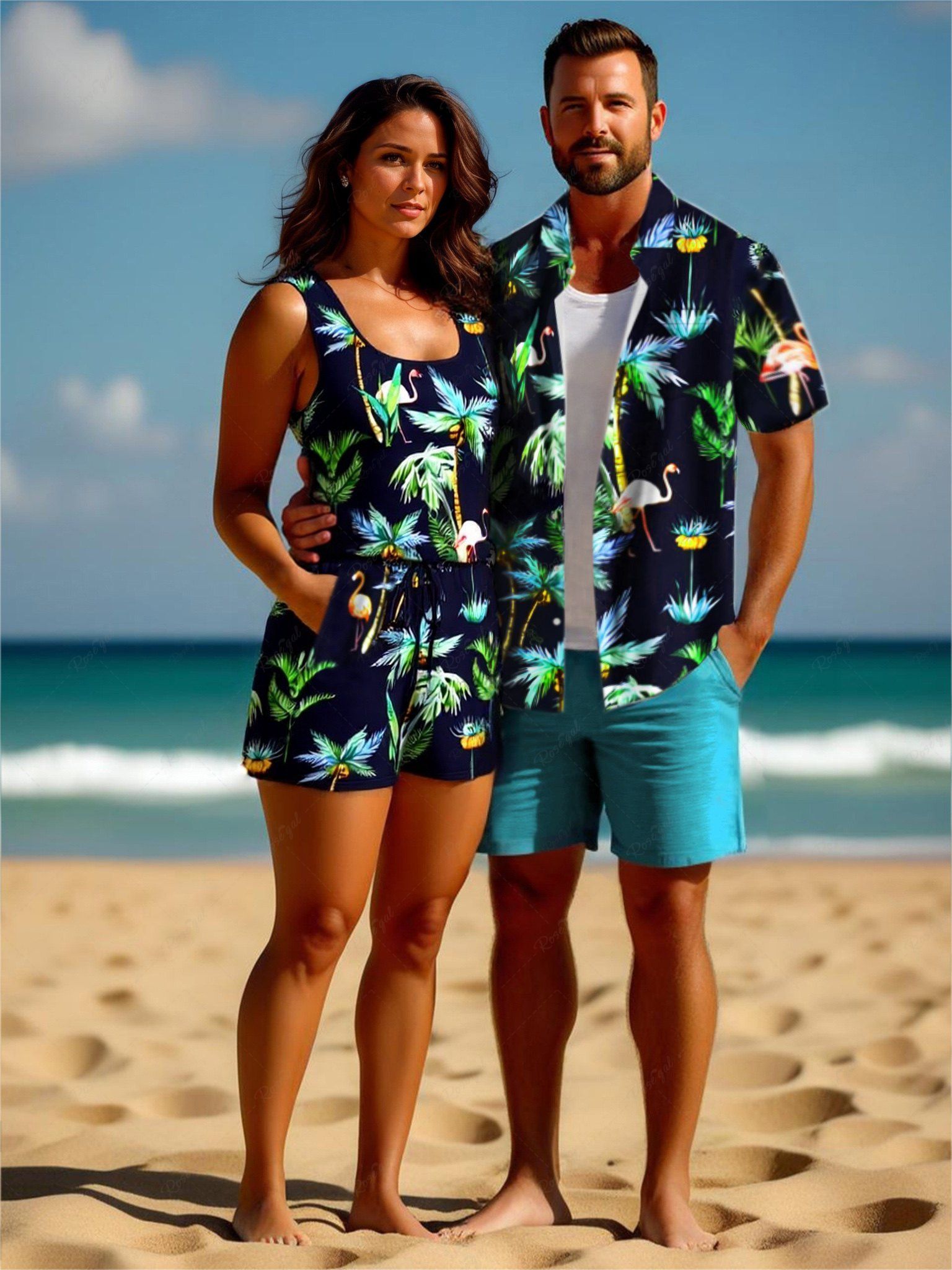 Combi-Short de Plage Hawaïen Flamant et Plage Imprimés de Grande Taille pour Couple Noir 