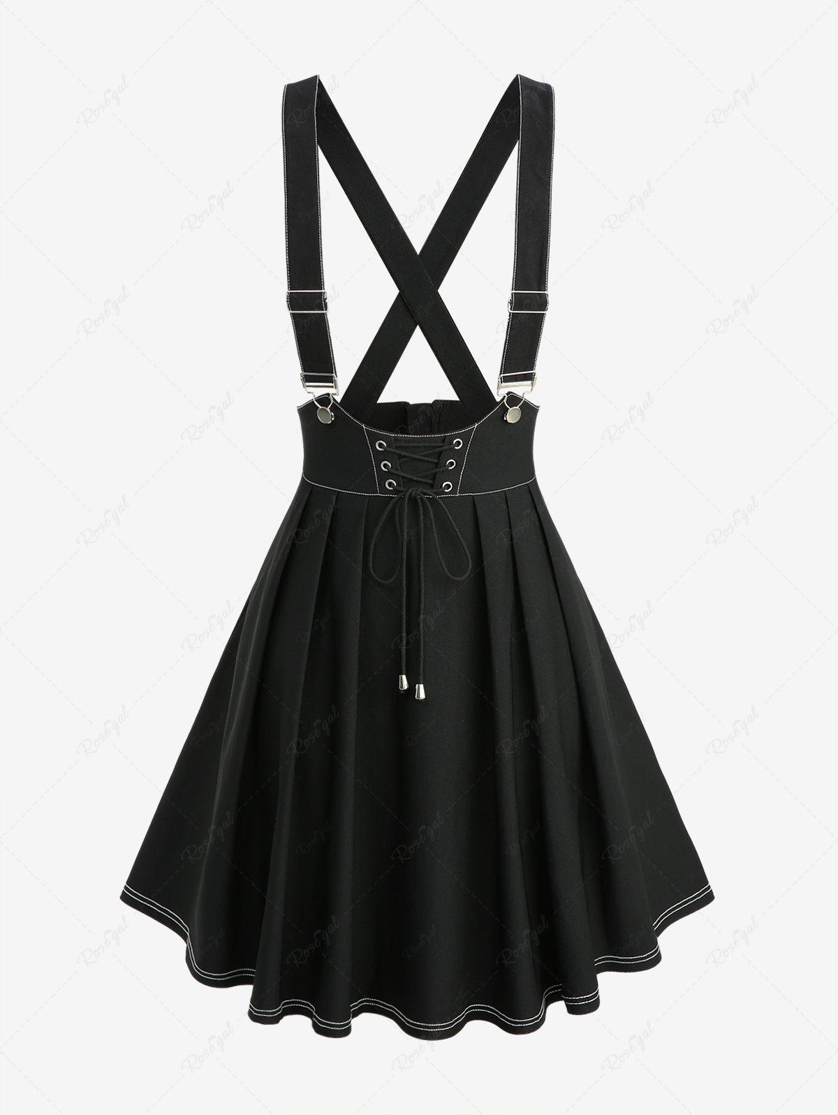 Outfit Plus Size Zipper Back Lace Up Topstitching Crisscross Strappy A Line Suspender Skirt  
