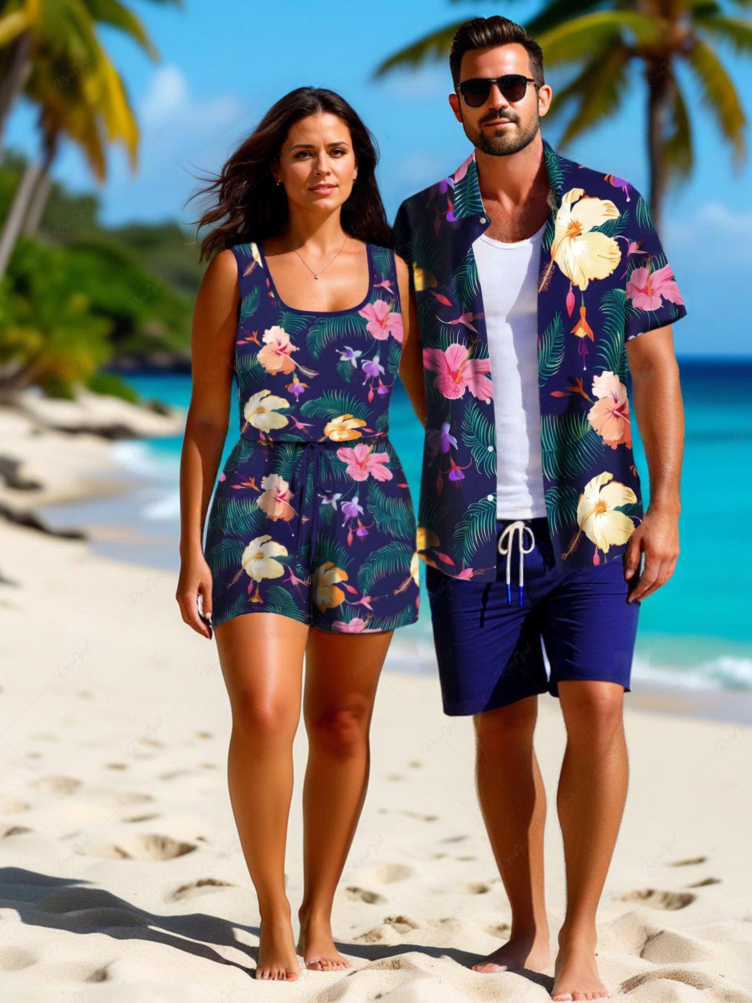 Chic Colorful Floral Tropical Leaves Print Plus Size Matching Hawaii Beach Outfit For Couples  
