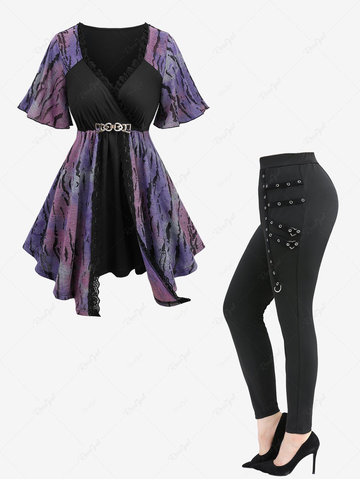Cheap Tie Dye Ombre Jacquard Top and Straps Grommet D-Ring Heart Buckle Leggings Plus Size Outfit  