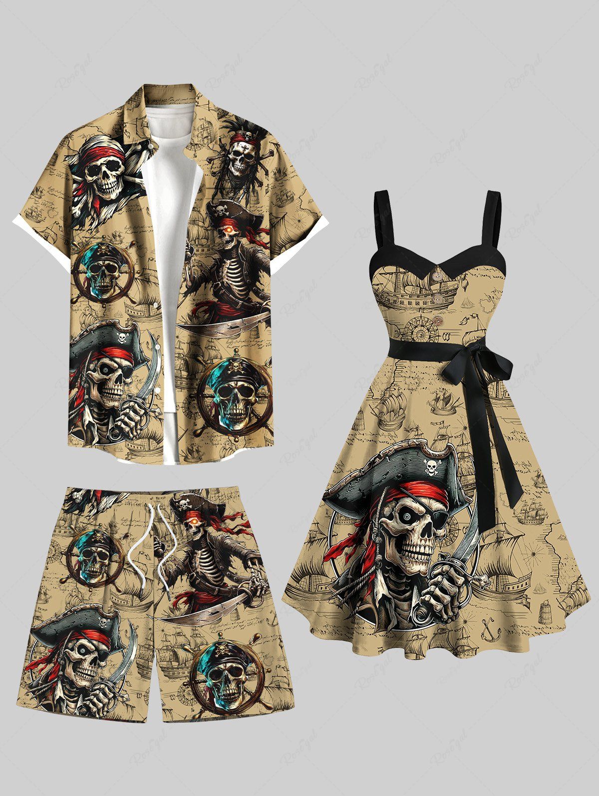 Tenue de plage hawaïenne assortie grande taille, motif crâne de pirate, gouvernail, voilier, croisière, pour couples café 