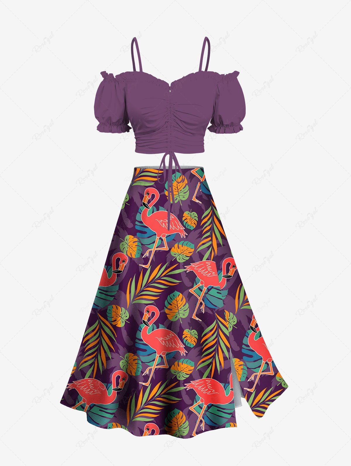 New Cinched Solid Top and Colorful Tropical Leaf Flamingo Print Hawaii Split A Line Skirt Plus Size Matching Set  