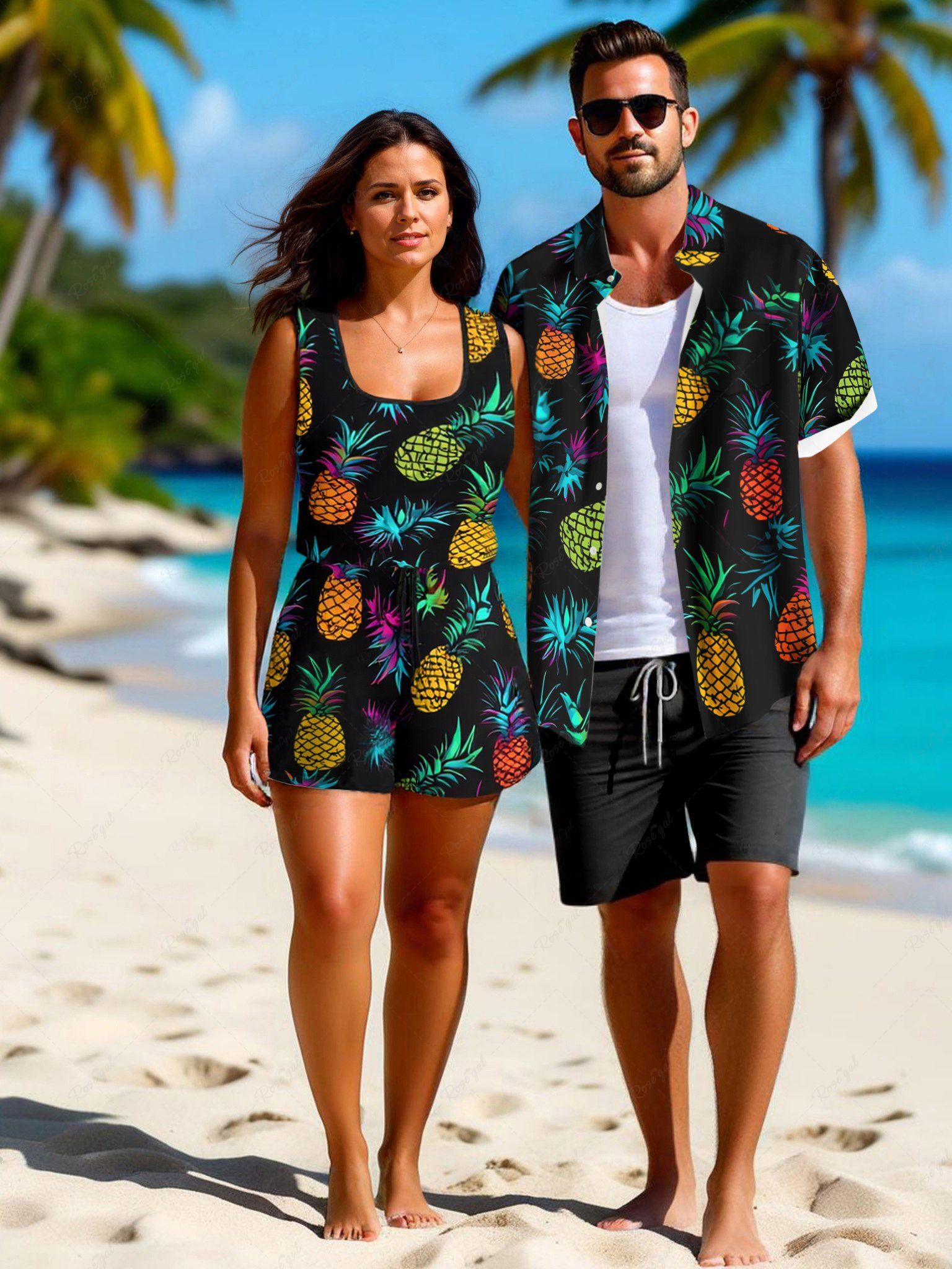 Fashion Colorful Pineapple Print Plus Size Matching Hawaii Beach Outfit For Couples  