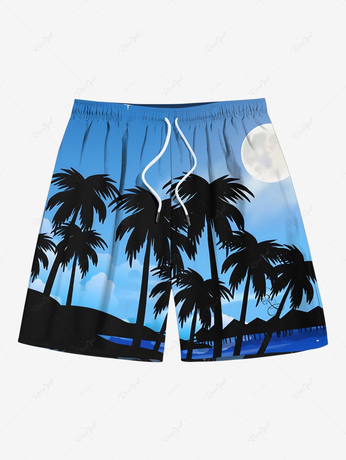New Plus Size Coconut Tree Moon Ombre Sky Print Hawaii Drawstring Beach Shorts For Men  