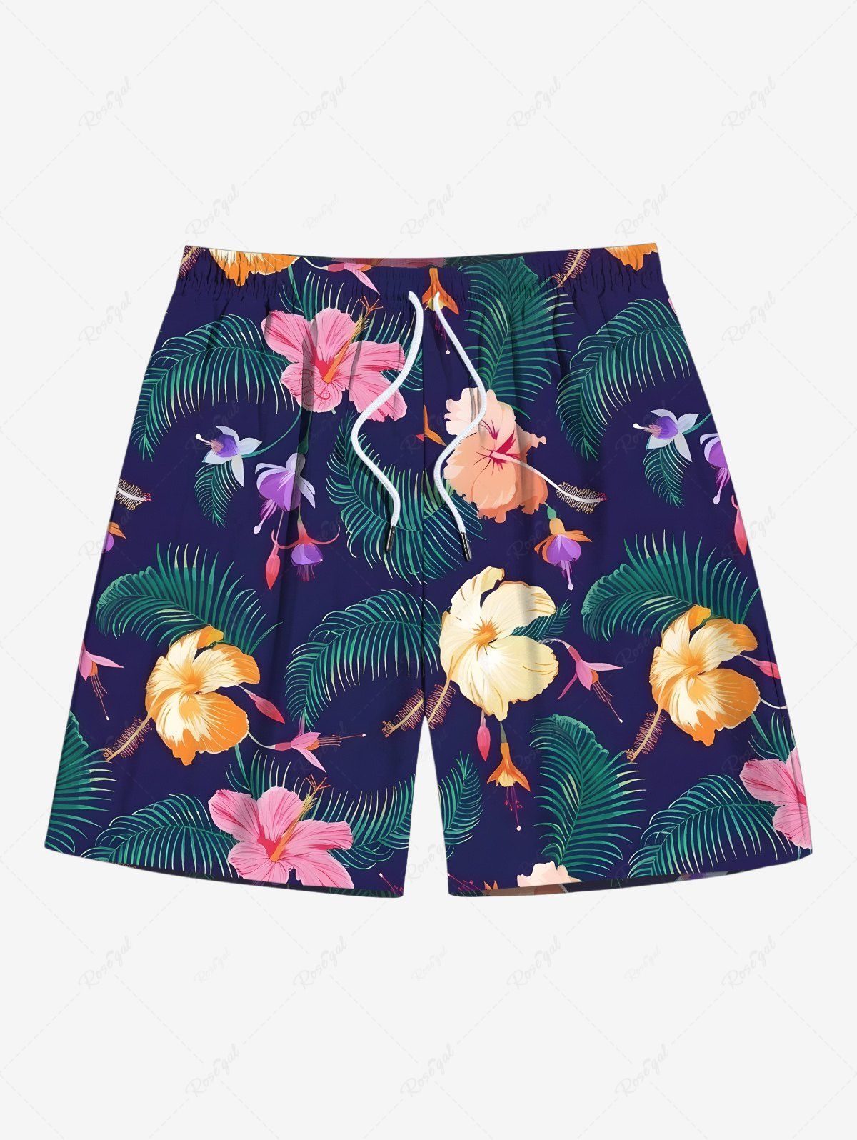 Shops Plus Size Tropical Leaves Floral Print Hawaii Drawstring Beach Shorts For Men  