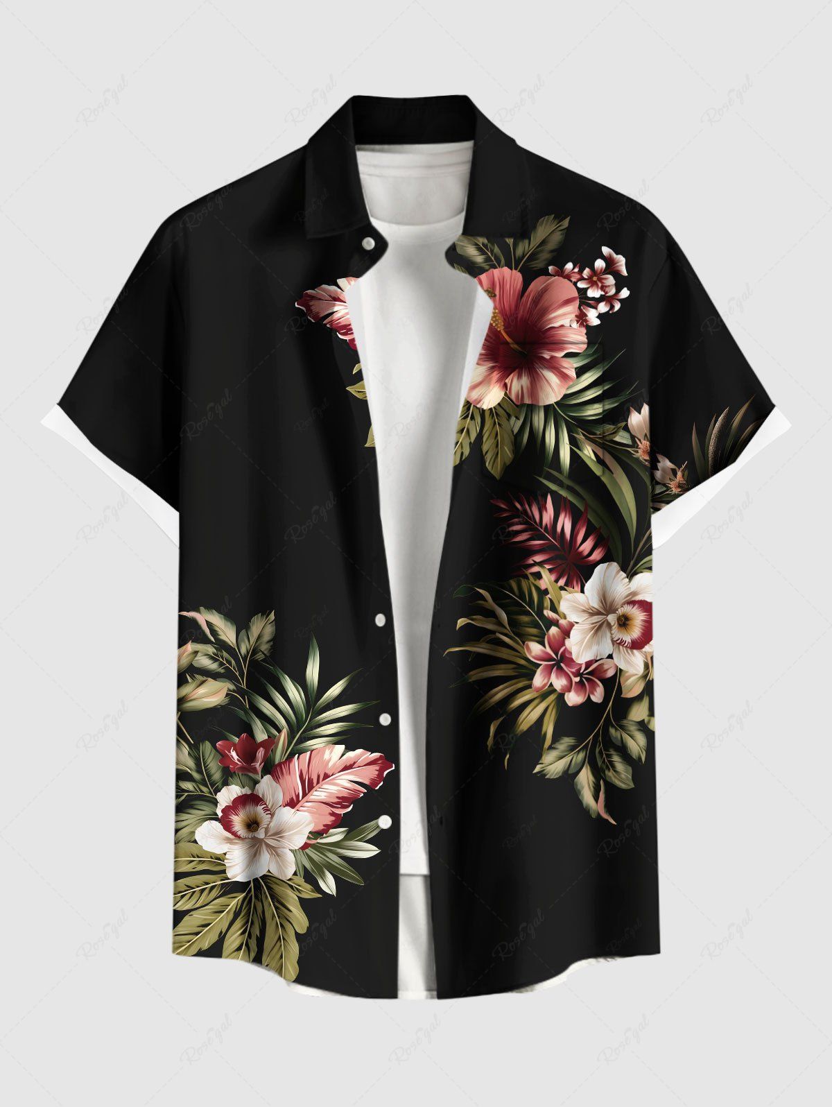 Cheap Plus Size Tropical Leaf Hibiscus Flowers Print Buttons Pocket Hawaii Shirt For Men  