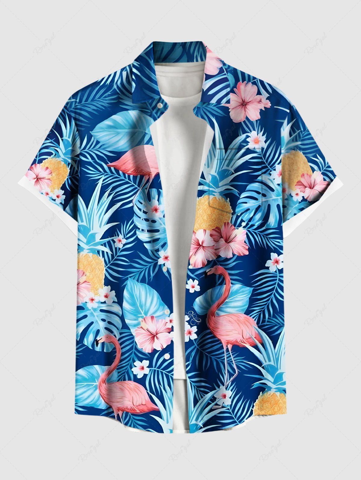 Latest Plus Size Tropical Leaf Hibiscus Flowers Pineapple Print Buttons Pocket Hawaii Shirt For Men  
