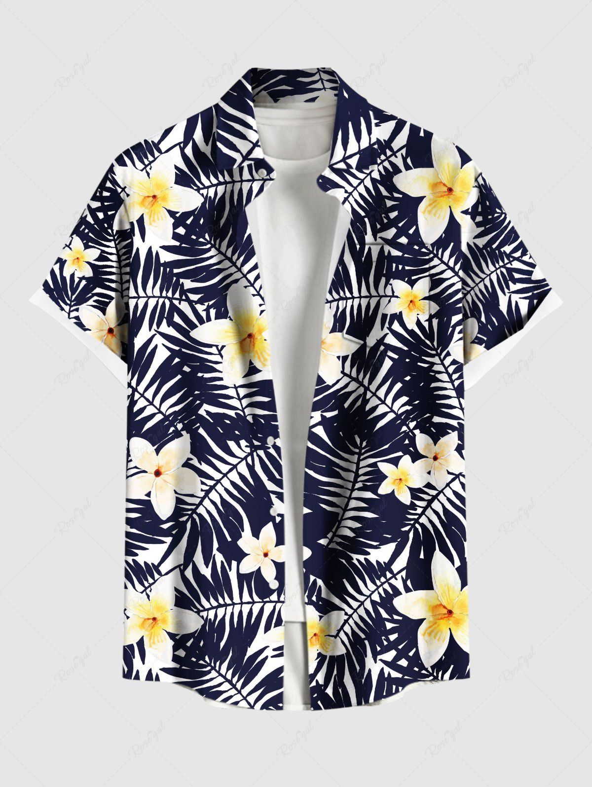 Affordable Plus Size Tropical Leaf Flowers Print Buttons Pocket Hawaii Shirt For Men  
