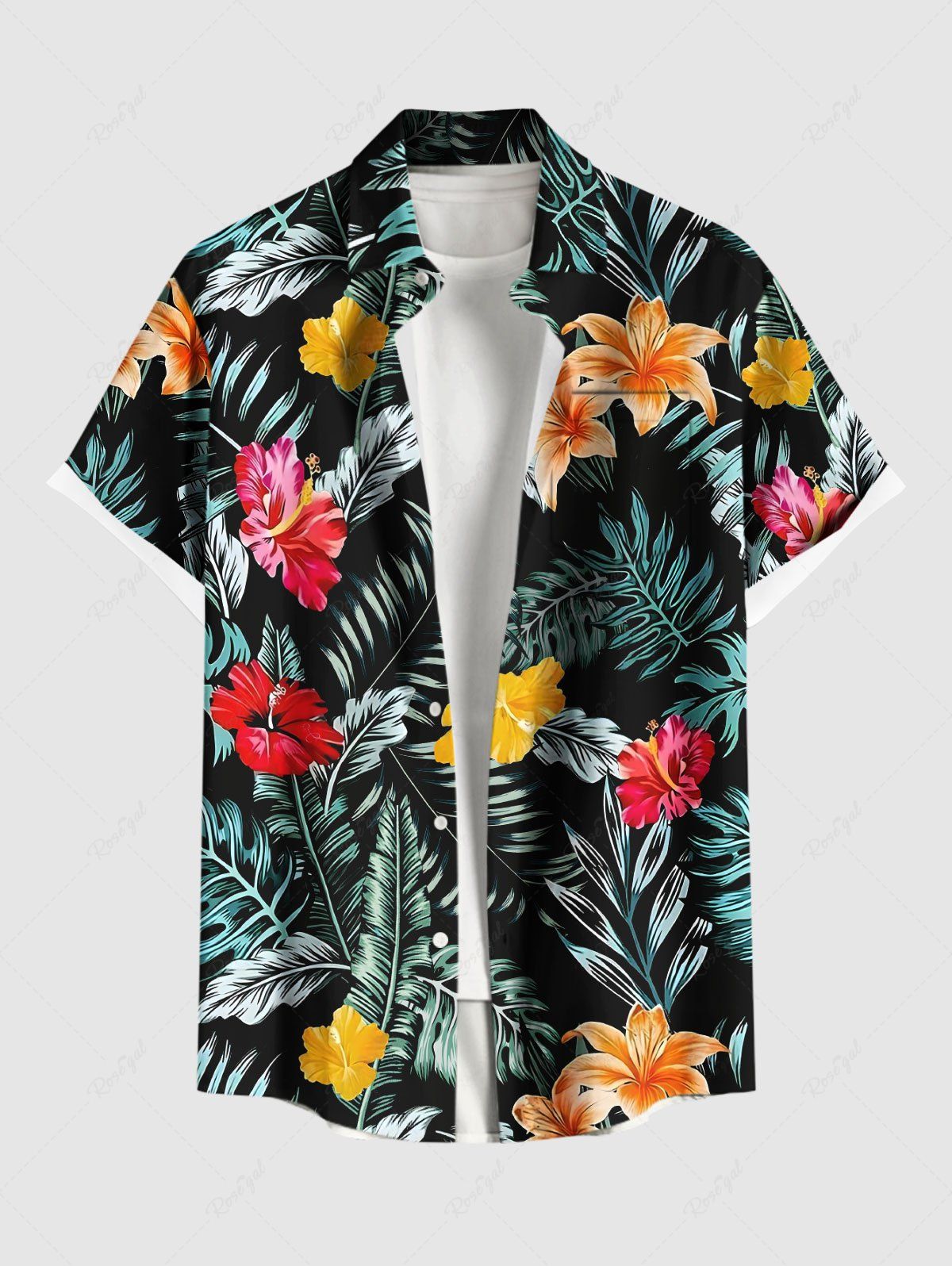 Sale Plus Size Tropical Leaf Hibiscus Flowers Print Buttons Pocket Hawaii Shirt For Men  