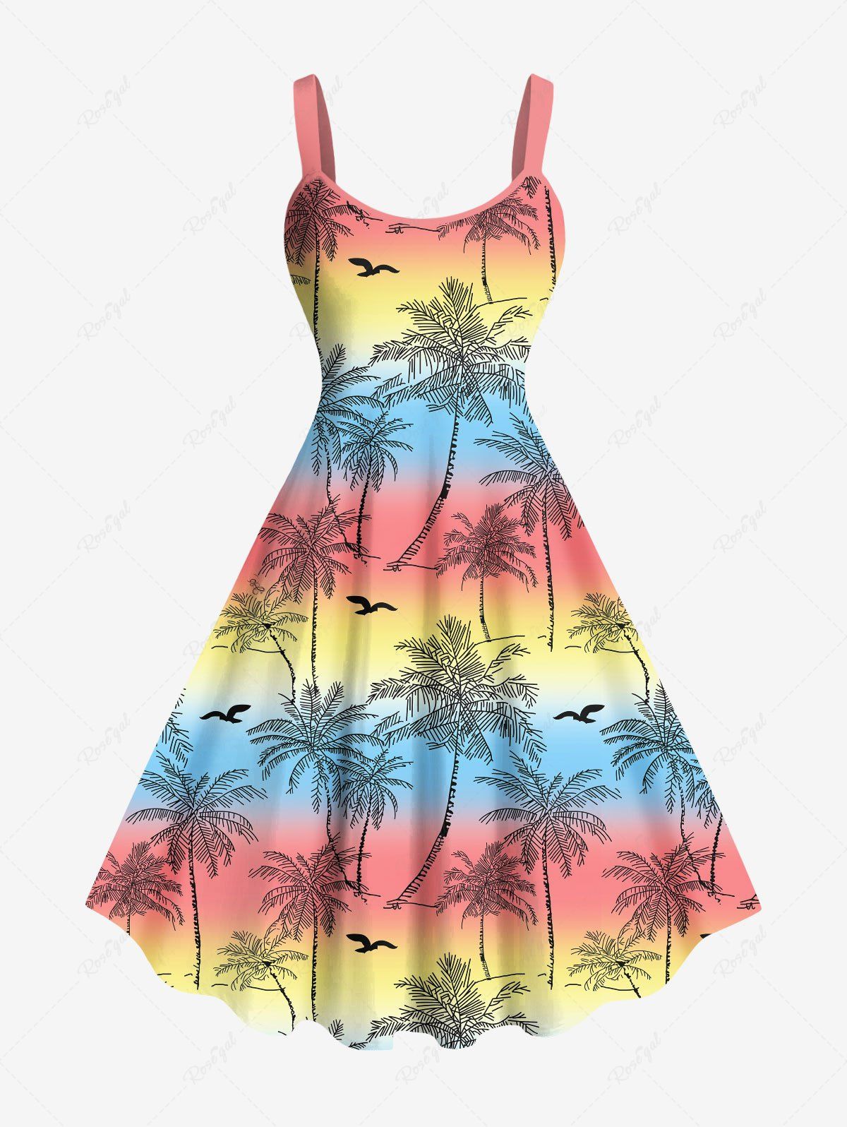 Store Plus Size Coconut Tree Bird Rainbow Ombre Colorblock Print Hawaii Tank Dress  