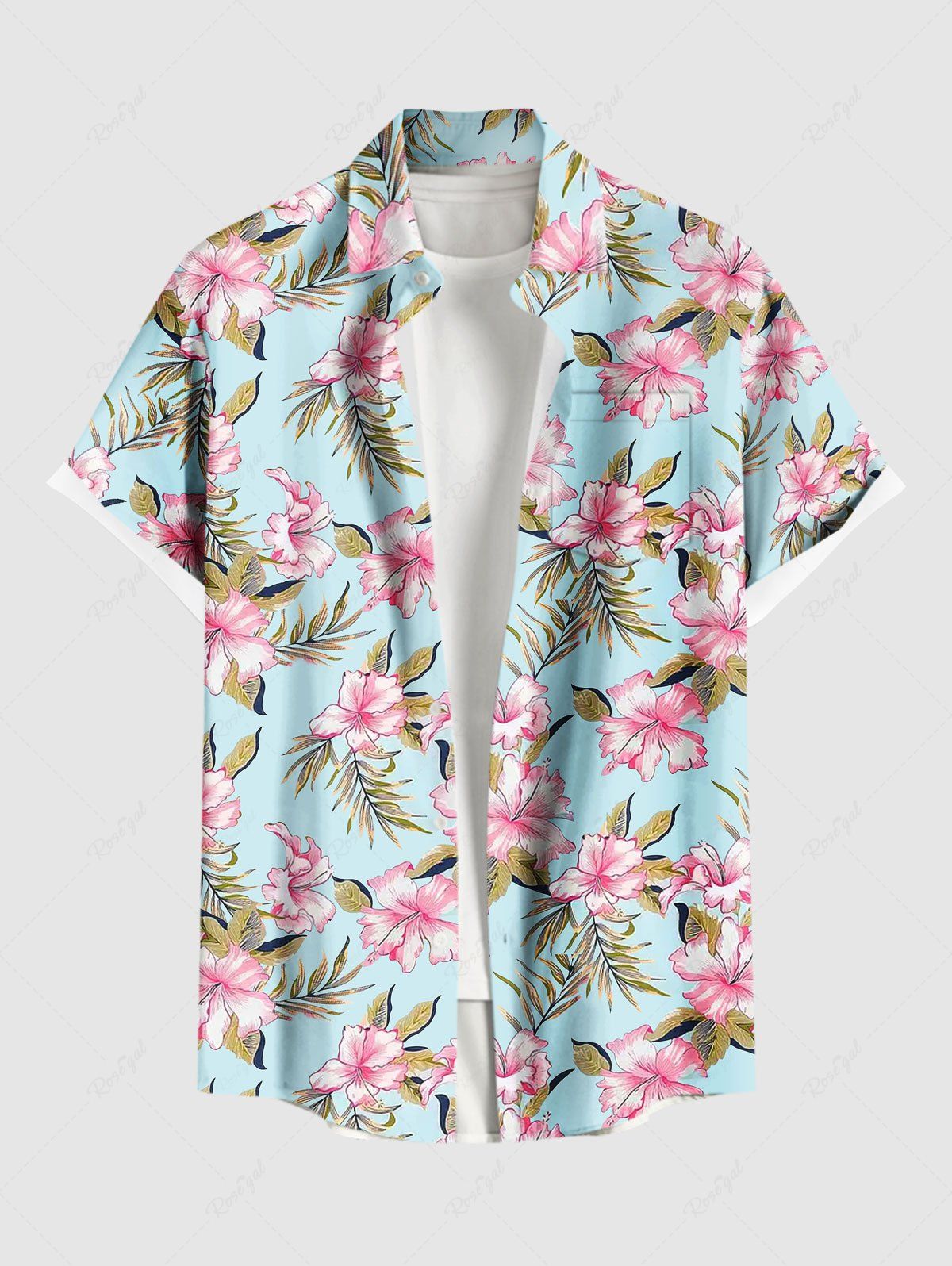 Cheap Plus Size Flowers Leaf Print Buttons Pocket Hawaii Shirt For Men  