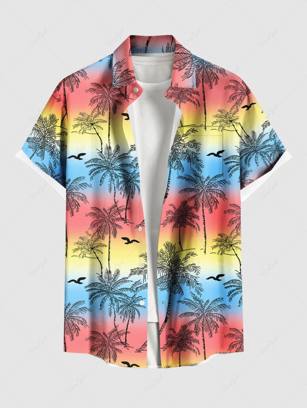 Fashion Plus Size Coconut Tree Bird Rainbow Ombre Colorblock Print Buttons Pocket Hawaii Shirt For Men  