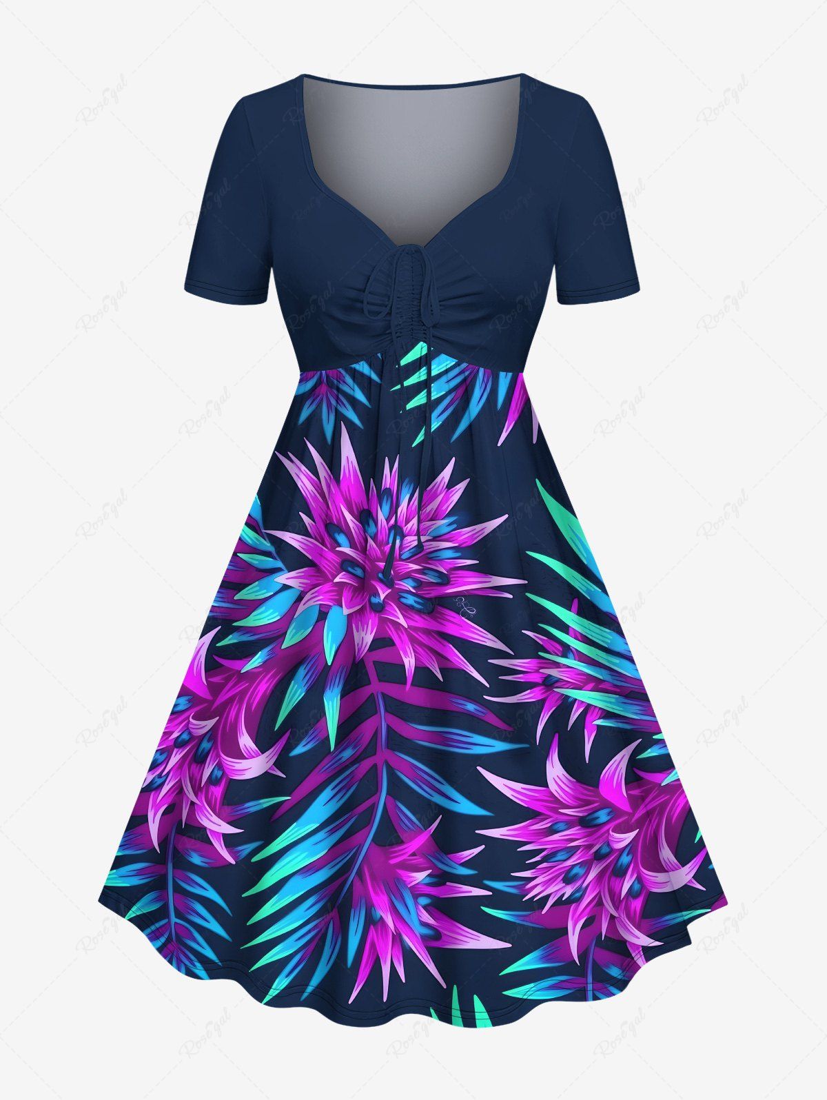 Robe hawaïenne cintrée grande taille à imprimé feuilles tropicales et fleurs Pourpre  6X