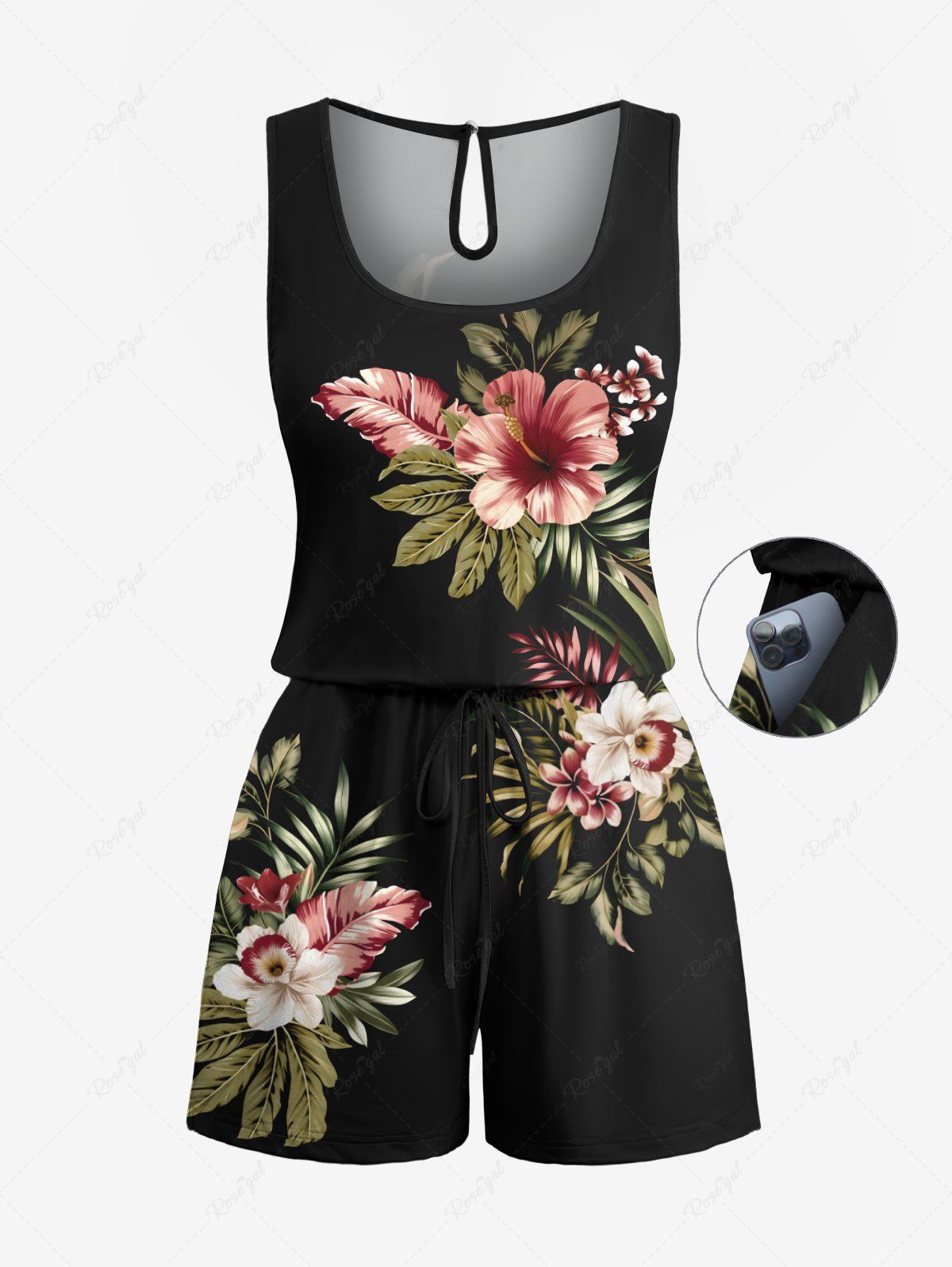 Combinaison hawaïenne cintrée grande taille à imprimé feuilles tropicales et fleurs d'hibiscus Noir 2X