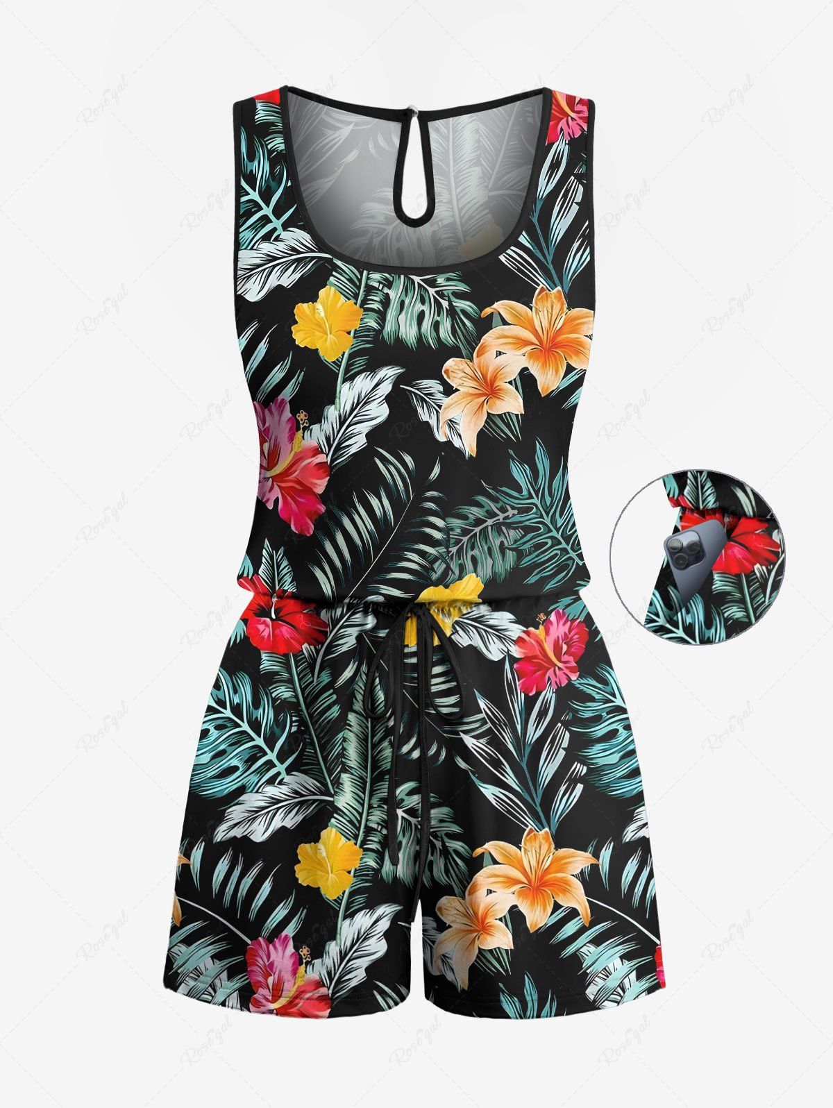 Combinaison hawaïenne cintrée grande taille à imprimé feuilles tropicales et fleurs d'hibiscus Noir 5X