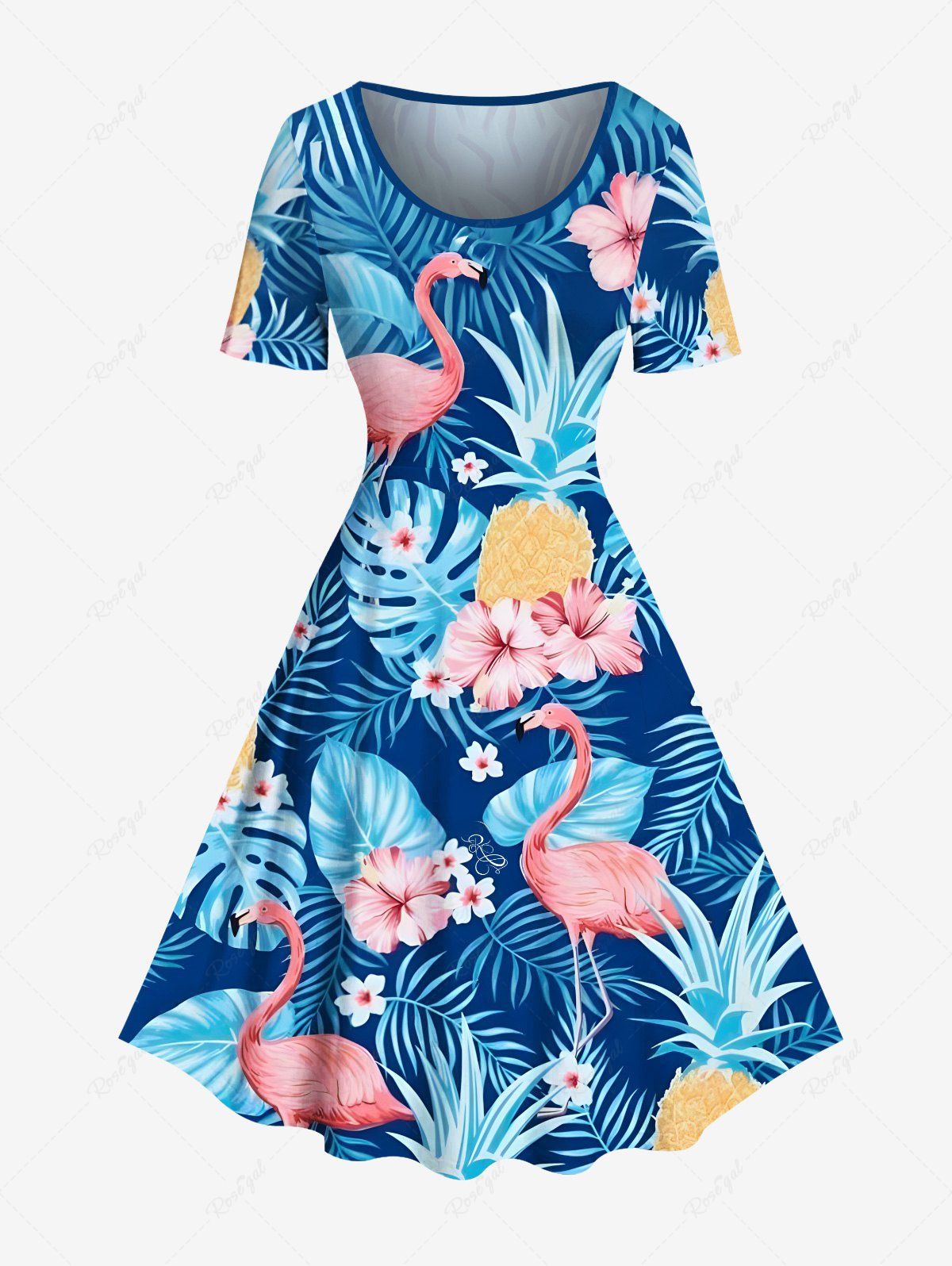 Sale Plus Size Tropical Leaf Hibiscus Flowers Pineapple Print Vintage Hawaii Dress  