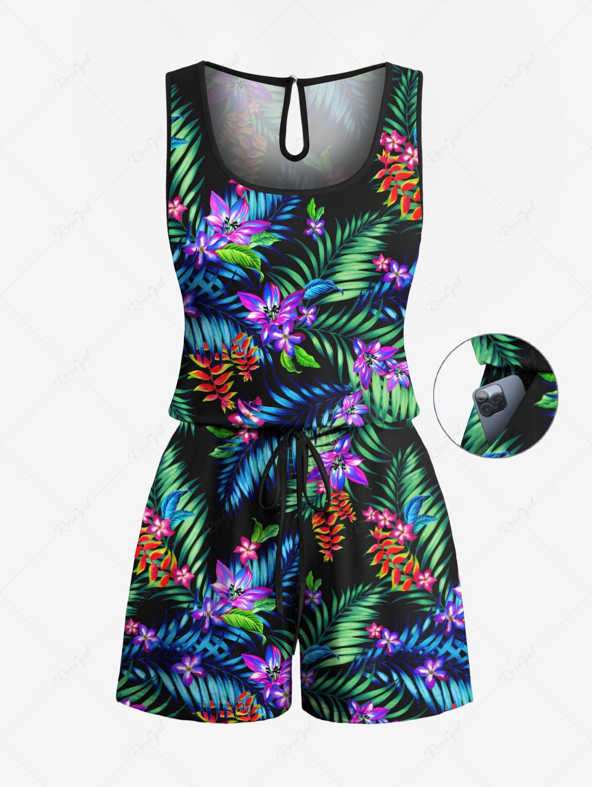 Combinaison hawaïenne cintrée grande taille à imprimé feuilles tropicales et fleurs Noir L