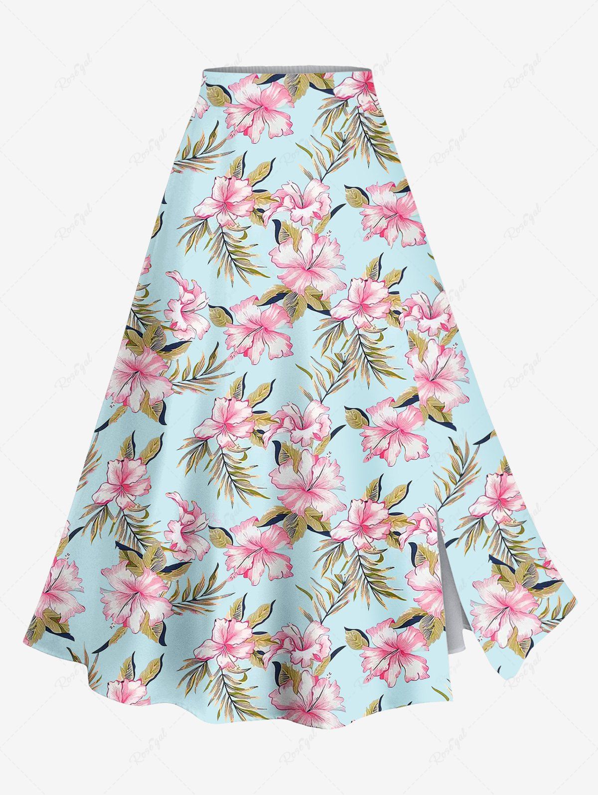Online Plus Size Flowers Leaf Print Split Skirt  