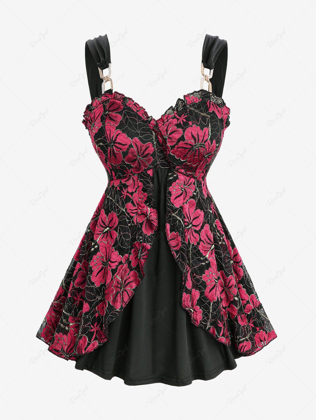 Affordable Plus Size Floral Lace Ruffles Backless Layered Tank Top  